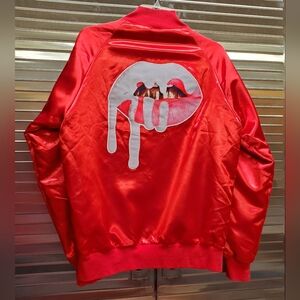 KYLIE Jenner Cosmetics Red Satin Bomber "Lips" Logo Jacket Size L